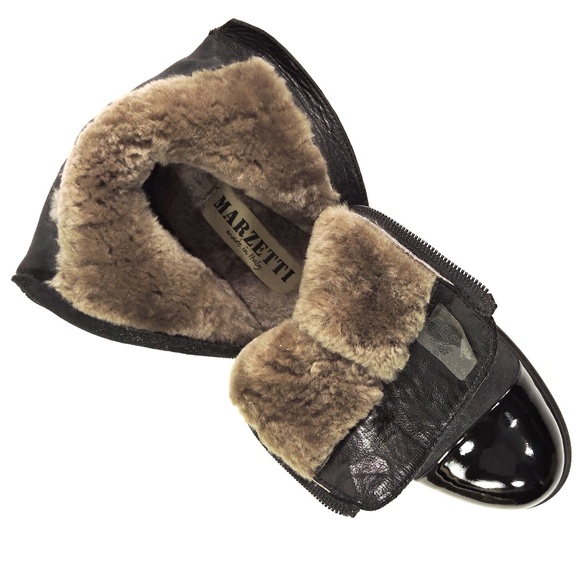 MARZETTI 🇮🇹 WOMEN'S BLACK SUEDE & PATENT LEATHER LAMB FUR COMFORT BOOTIE - Picture 6 of 7